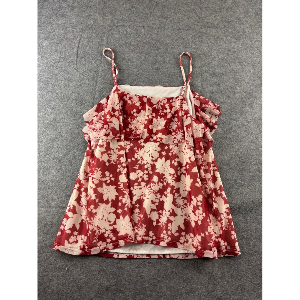 Evereve Floral Mesh Cold Shoulder Ruffle Cami Top Red Cream Women M Fairy Whimsy
